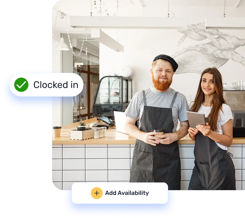 Two cafe workers in aprons stand behind a counter, smiling at the camera; overlayed badges read 'Clocked in' and 'Add Availability'.