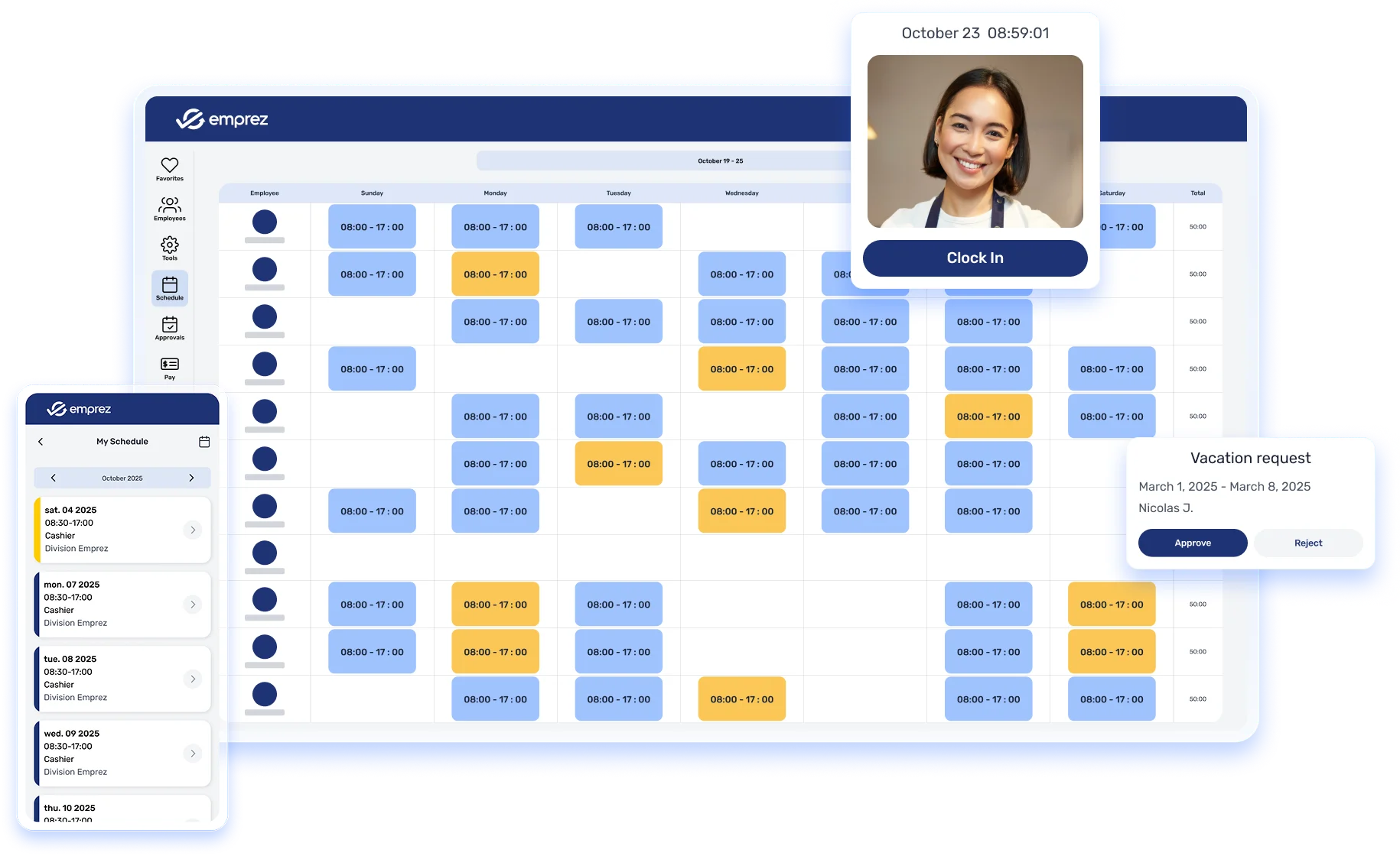 Scheduling dashboard UI showing a calendar grid with employee rows, blue and yellow shift blocks, and side navigation icons.